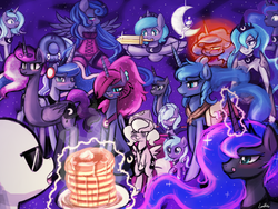 Size: 1920x1440 | Tagged: safe, artist:lumineko, opalescence, princess luna, oc, oc:anon, alicorn, human, pony, anthro, ask human luna, gamer luna, hunted luna, luna-afterdark, moonstuck, naughty luna, tumblr:ask lewdna, g4, :t, anthro ponidox, anthro with ponies, armor, bedroom eyes, blushing, calendar of lunas, clothes, colored pupils, cute, dreamluna, female, filly, glowing horn, horn, human ponidox, humanized, licking lips, lunabetes, magic, mare, moon cookies, mouth hold, multeity, opaluna, open mouth, pancakes, princess of the night, s1 luna, smiling, style emulation, sunglasses, telekinesis, tongue out, tumblr, tumblr crossover, wooden sword, woona, woona knight