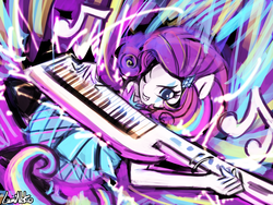 Size: 1920x1440 | Tagged: safe, artist:lumineko, rarity, equestria girls, g4, my little pony equestria girls: rainbow rocks, color porn, female, keytar, looking at you, musical instrument, ponied up, smiling, solo, wink