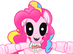 Size: 2048x1536 | Tagged: safe, artist:birdivizer, pinkie pie, pony, robot, robot pony, g4, animatronic, chica pie, creepy, female, five nights at aj's 2, five nights at freddy's, glowing eyes, jumpscare, looking at you, rainbow power, sharp teeth, simple background, solo, toy pinkica, transparent background