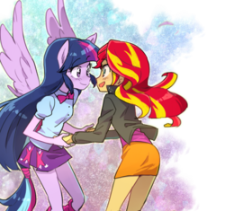 Size: 600x565 | Tagged: dead source, safe, artist:baekgup, sunset shimmer, twilight sparkle, equestria girls, g4, rainbow rocks, aura, blushing, boop, clothes, cute, eye contact, female, holding hands, imminent boop, imminent kissing, imminent noseboop, lesbian, looking at each other, noseboop, open mouth, ponied up, pony ears, shimmerbetes, ship:sunsetsparkle, shipping, simple background, skirt, smiling, sparkles, spread wings, tail, transparent background, twiabetes, twilight sparkle (alicorn), wings