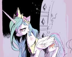 Size: 1024x808 | Tagged: dead source, safe, artist:baekgup, idw, princess celestia, alicorn, pony, g4, beaten, beaten up, black eye, female, mare, one eye closed, portal, scene interpretation, solo