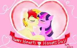 Size: 1280x800 | Tagged: safe, artist:fallenangel5414, sunset shimmer, twilight sparkle, pony, unicorn, g4, blushing, female, hearts and hooves day, kissing, male, rule 63, ship:sunsetsparkle, ship:twiglare, shipping, straight, sunset glare, twilight sparkle (alicorn)