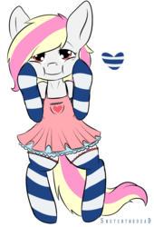 Size: 814x1200 | Tagged: safe, artist:mamachubs, oc, oc only, oc:rainy skies, :i, bedroom eyes, clothes, commission, cute, dress, female, filly, frilly dress, heart, looking at you, simple background, smiling, socks, squishy cheeks, striped socks, transparent background