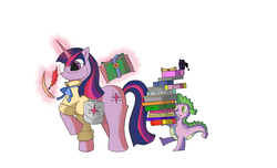 Size: 1600x970 | Tagged: safe, artist:maroy, spike, twilight sparkle, g4, book, glasses, glowing horn, horn, ink