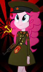 Size: 735x1242 | Tagged: dead source, safe, artist:pinkiepiemike, pinkie pie, equestria girls, g4, ak-47, clothes, communism, female, gun, hammer and sickle, military, military uniform, pinko pie, soldier, solo, soviet union, uniform