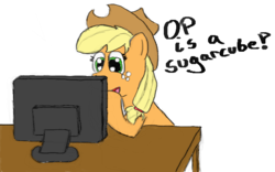 Size: 640x400 | Tagged: safe, applejack, g4, computer, female, op is not a duck, open mouth, simple background, smiling, solo, sugarcube, text, transparent background