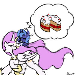 Size: 1500x1500 | Tagged: dead source, safe, artist:ramott, princess celestia, princess luna, alicorn, pony, g4, cake, cewestia, cute, dream, ear bite, eyes closed, filly, nom, open mouth, raised hoof, simple background, white background, woona, zzz