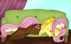 Size: 2614x1643 | Tagged: safe, artist:inuneechan, fluttershy, human, g4, clothes, couch, female, humanized, long skirt, off shoulder, skirt, sleeping, solo, sweater, sweatershy, tailed humanization, winged humanization