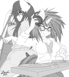 Size: 1800x2000 | Tagged: safe, artist:zanclife, dj pon-3, octavia melody, vinyl scratch, anthro, g4, black and white, breasts, busty octavia melody, busty vinyl scratch, female, glasses, grayscale, headphones, monochrome, turntable