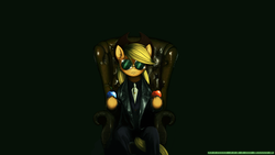 Size: 4500x2532 | Tagged: safe, artist:rublegun, applejack, earth pony, semi-anthro, g4, apple, binary, chair, clothes, female, glasses, hat, leather chair, morpheus, parody, simple background, sitting, solo, suit, sunglasses, the matrix