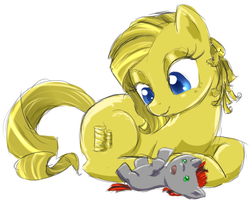 Size: 521x416 | Tagged: safe, artist:celerypony, oc, oc only, oc:golden grace, oc:silver screen, pony, blank flank, female, foal, freckles, mare, mother and son