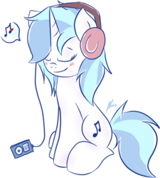 Size: 661x735 | Tagged: safe, artist:kristysk, dj pon-3, vinyl scratch, g4, blushing, female, headphones, ipod, mp3 player, music, music notes, music player, pictogram, simple background, solo, transparent background