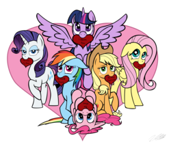 Size: 6321x5340 | Tagged: safe, artist:tsand106, applejack, fluttershy, pinkie pie, rainbow dash, rarity, twilight sparkle, alicorn, pony, g4, absurd resolution, cute, female, hearts and hooves day, mane six, mare, mouth hold, simple background, transparent background, twilight sparkle (alicorn), valentine's day, valentine's day card