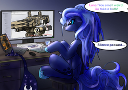 Size: 1000x705 | Tagged: safe, artist:foxi-5, princess luna, g4, chair, computer, engineering, female, frown, glare, grumpy, laptop computer, mecha, messy mane, sitting, solidworks, solo