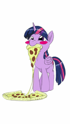 Size: 720x1280 | Tagged: source needed, safe, artist:trickydick, twilight sparkle, alicorn, pony, g4, blush sticker, blushing, cute, female, food, looking up, mare, meat, mouth hold, nom, pepperoni, pepperoni pizza, pizza, ponies eating meat, simple background, solo, twiabetes, twilight sparkle (alicorn), white background