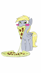 Size: 720x1280 | Tagged: safe, artist:trickydick, derpy hooves, pegasus, pony, g4, blush sticker, blushing, female, food, meat, mouth hold, pepperoni, pepperoni pizza, pizza, simple background, solo, white background