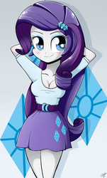 Size: 1256x2080 | Tagged: safe, artist:riouku, rarity, equestria girls, g4, arm behind head, belt, blushing, breasts, cleavage, clothes, cute, cutie mark on clothes, elbowed sleeves, fashion style, female, hairpin, happy, legs together, makeup, skirt, smiling, solo, teenager, top, toy