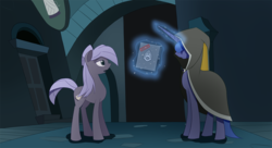 Size: 1600x870 | Tagged: safe, artist:dream-phoenix, princess luna, oc, oc:marble, under a paper moon, g4, book, cloak, clothes, duo, female, horn, long horn, long legs, magic, mare, slender, story included, tall, telekinesis, thin