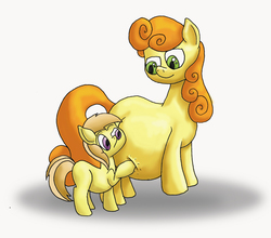 Size: 2051x1808 | Tagged: safe, artist:seenty, carrot top, golden harvest, noi, earth pony, pony, g4, curious, poking, pregnant, raised eyebrow, smiling