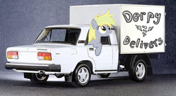 Size: 604x331 | Tagged: safe, derpy hooves, pegasus, pony, g4, car, delivery, female, lada, mare, solo