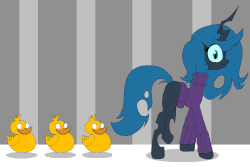 Size: 1200x800 | Tagged: safe, artist:jokerpony, queen chrysalis, duck, ask teen chrysalis, g4, animated, clothes, female, following, frown, looking back, shirt, smiling, sweater, walking, wat, wide eyes