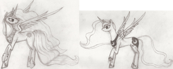 Size: 3069x1230 | Tagged: safe, artist:antnoob, princess celestia, princess luna, g4, monochrome, traditional art