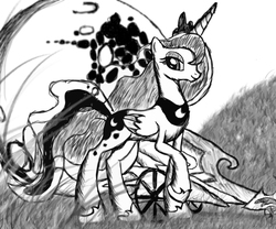 Size: 3000x2500 | Tagged: safe, artist:lethal-doorknob, princess luna, g4, chariot, female, high res, monochrome, moon, solo