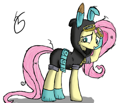 Size: 2300x1900 | Tagged: safe, artist:lethal-doorknob, fluttershy, pegasus, pony, g4, bunny ears, clothes, costume, cute, dangerous mission outfit, female, goggles, hoodie, mare, simple background, smiling, solo, white background