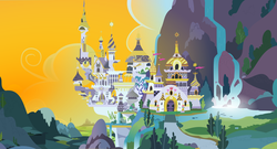 Size: 4800x2590 | Tagged: safe, artist:lethal-doorknob, canterlot, castle, mountain, no pony, scenery, waterfall