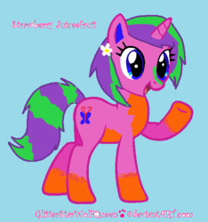 Size: 569x608 | Tagged: safe, artist:glitterstarwolfqueen, oc, oc only, oc:strawberry juiceefruit, pony, ponified, present, solo