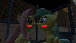 Size: 1024x576 | Tagged: safe, fluttershy, sunshower raindrops, g4, 3d, blushing, female, gmod, lesbian, shipping, shyshower