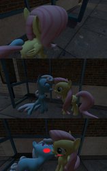 Size: 708x1128 | Tagged: safe, fluttershy, linky, shoeshine, g4, 3d, blushing, comic, female, fluttershoe, gmod, kissing, lesbian, shipping