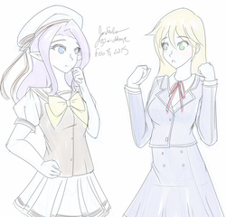 Size: 1000x961 | Tagged: safe, artist:jonfawkes, applejack, rarity, human, equestria girls, g4, 30 minute art challenge, clothes, clothes swap, elf ears, humanized, school uniform, shuffle!