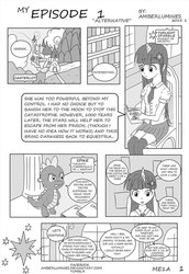 Size: 900x1308 | Tagged: safe, artist:vanillafox2035, spike, twilight sparkle, human, g4, book, canterlot, clothes, comic, humanized, socks