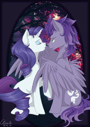 Size: 1024x1448 | Tagged: safe, rarity, oc, oc:kydose, pegasus, pony, unicorn, g4, canon x oc, imminent kissing, love, raridose, shipping, stained glass, window