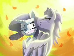 Size: 1024x779 | Tagged: safe, rarity, oc, oc:kydose, pegasus, pony, g4, autumn, blushing, canon x oc, eyes closed, hug, leaves, love, nuzzling, raridose, shipping, smiling, winghug, wink