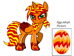 Size: 638x488 | Tagged: safe, artist:davaba19, oc, oc only, oc:magma drop, alicorn, pony, adopted, alicorn oc, egg, horn, raised hoof, simple background, smiling, smirk, solo, two toned wings, white background, wings