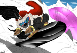 Size: 1000x692 | Tagged: safe, artist:backlash91, king sombra, pony, unicorn, g4, crystal empire, day, male, snowboarding, solo, winter outfit