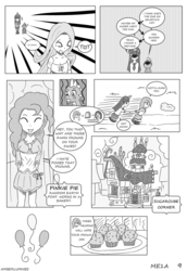 Size: 975x1417 | Tagged: safe, artist:vanillafox2035, fluttershy, pinkie pie, spike, twilight sparkle, dragon, human, g4, clothes, comic, female, food, horn, horned humanization, humanized, male, monochrome, muffin, winged humanization, wings