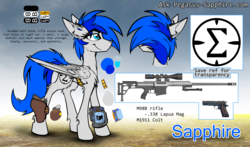 Size: 3741x2195 | Tagged: safe, artist:ralek, oc, oc only, oc:sapphire sights, pegasus, pony, fallout equestria, barrett 98b, belt, chest fluff, cutie mark, dock piercing, ear fluff, female, fluffy, gun, high res, holster, hooves, leg fluff, m1911, m98b, mare, optical sight, piercing, pipbuck, pistol, reference sheet, rifle, sigma, smiling, sniper, sniper rifle, solo, text, thin, underweight, wasteland, weapon, wings