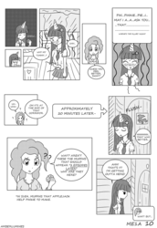 Size: 975x1417 | Tagged: safe, artist:vanillafox2035, pinkie pie, twilight sparkle, human, g4, bathroom, blushing, clothes, comic, female, food, horn, horned humanization, humanized, monochrome, muffin