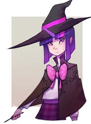 Size: 989x1333 | Tagged: dead source, safe, artist:yunni-yunni, twilight sparkle, human, g4, hat, horn, horned humanization, humanized, light skin, solo, wand, witch, witch hat