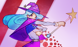 Size: 1116x668 | Tagged: safe, artist:yunni-yunni, trixie, human, g4, female, hat, horn, horned humanization, humanized, light skin, solo, wand, witch, witch hat
