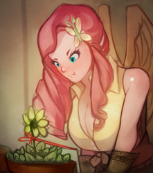 Size: 851x962 | Tagged: safe, artist:yunni-yunni, fluttershy, human, g4, breasts, cleavage, female, flower, humanized, light skin, solo, sunflower, the stare, winged humanization