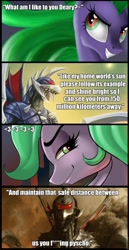 Size: 495x960 | Tagged: safe, mane-iac, kaiju, pony, fanfic:the bridge, g4, comic, crack shipping, crossover, female, gigan, godzilla (series), heart, humor, joke, mare