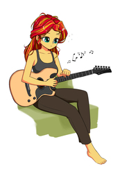 Size: 876x1267 | Tagged: safe, artist:twilite-sparkleplz, sunset shimmer, equestria girls, g4, barefoot, clothes, feet, female, frown, guitar, lidded eyes, missing shoes, music notes, simple background, sitting, solo, sunset strummer, tank top, white background