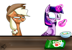 Size: 1000x700 | Tagged: safe, artist:mushroomcookiebear, applejack, twilight sparkle, alicorn, pony, g4, angry, apple jacks, blushing, caught, cereal, duo, female, glare, glowing horn, horn, levitation, lip bite, looking at each other, magic, mare, namesake, narrowed eyes, open mouth, pun, spoon, telekinesis, twilight sparkle (alicorn), visual pun