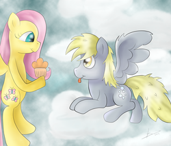 Size: 2000x1700 | Tagged: safe, artist:gusteaureeze, derpy hooves, fluttershy, pegasus, pony, g4, duo, female, mare, muffin, tongue out