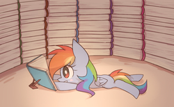 Size: 1300x800 | Tagged: safe, artist:joycall6, rainbow dash, g4, book, book fort, female, lying down, reading, solo, wings