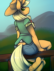 Size: 800x1050 | Tagged: safe, artist:spazzykoneko, applejack, earth pony, anthro, unguligrade anthro, g4, female, hooves, sitting, solo, underhoof